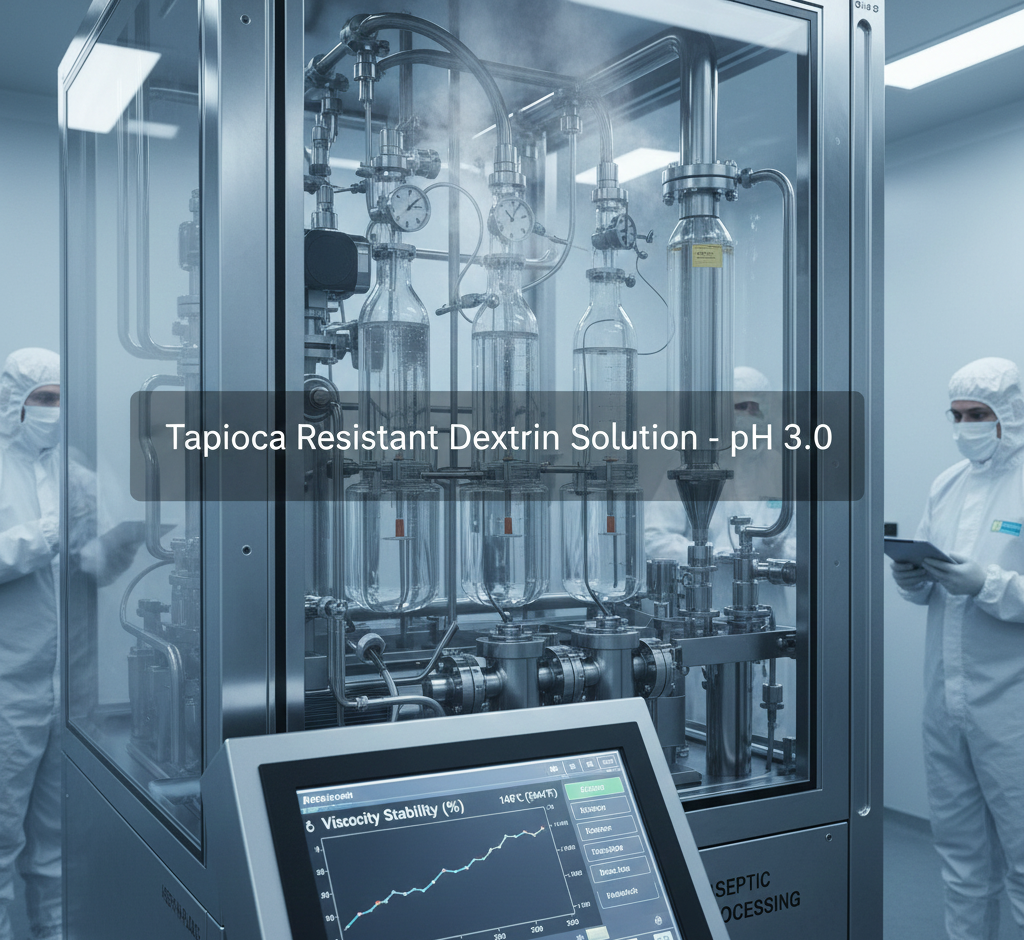 B2B food science laboratory setting featuring Amerta Pacific Soluble Tapioca Fiber, raw cassava roots, and Roots Snacks packaging with digital overlays showing nutritional data for gluten-free and prebiotic benefits.