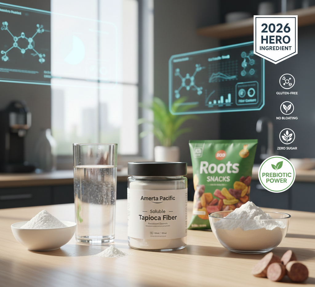 B2B food science laboratory setting featuring Amerta Pacific Soluble Tapioca Fiber, raw cassava roots, and Roots Snacks packaging with digital overlays showing nutritional data for gluten-free and prebiotic benefits.