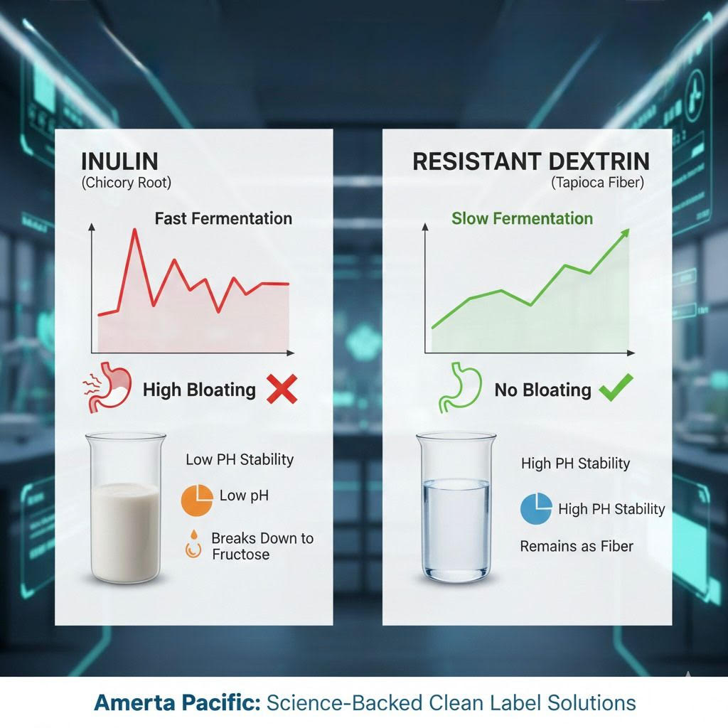 B2B technical infographic comparing Resistant Dextrin and Inulin fermentation rates and heat stability for food manufacturing.
