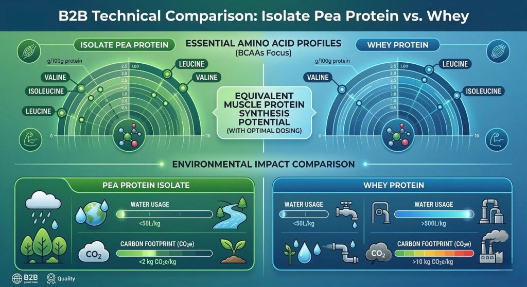 A detailed B2B technical infographic for food manufacturers comparing the Branched-Chain Amino Acid (BCAA) profiles—specifically Leucine, Isoleucine, and Valine—of Isolate Pea Protein and Whey. The graphic also includes a direct comparison of water usage and carbon footprint, illustrating the superior sustainability metrics of pea-based protein isolates. Amerta pacific supplier of pea protein in US