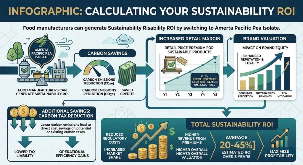 B2B technical infographic illustrating how switching to Amerta Pacific Pea Isolate generates Sustainability ROI for food manufacturers, showing carbon tax reduction and increased retail premium.