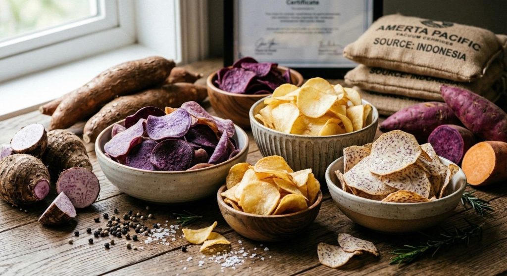 Artisan food photograph of a diverse range of vacuum-fried root snacks including Purple Sweet Potato, Cassava, and Taro chips, highlighting the B2B market potential in functional snacking.