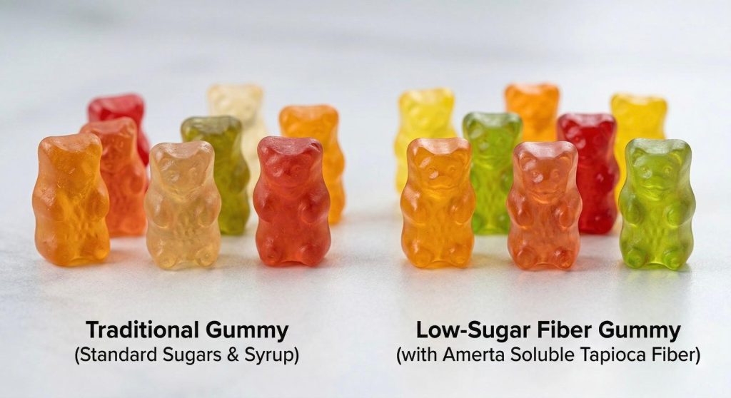 B2B technical infographic illustrating the molecular cross-section of a low-sugar gummy. The visual compares standard corn syrup bulk with Amerta Pacific’s Soluble Tapioca Fiber matrix, highlighting the lack of sugar crystallization, superior optical clarity, and sustained elastic texture in the low-sugar formulation.