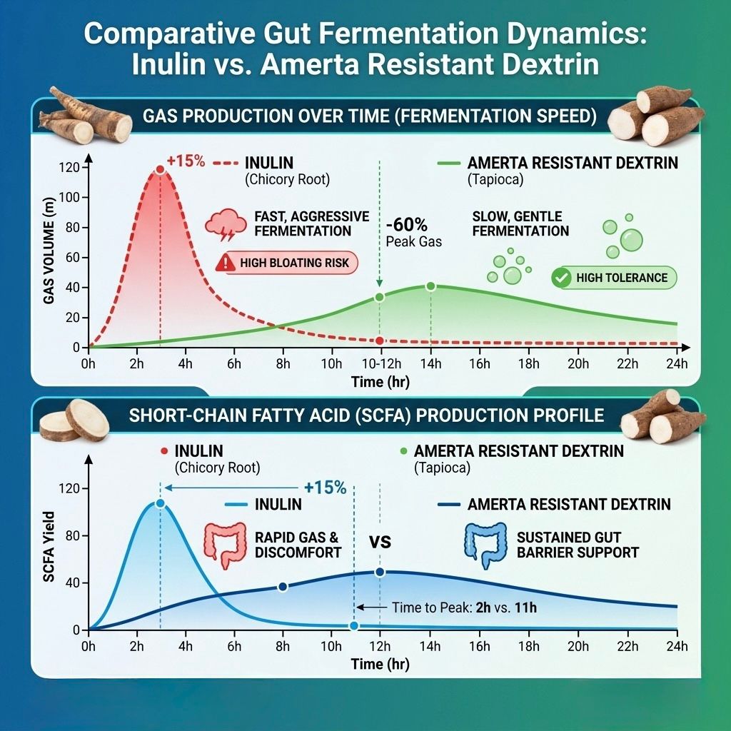 B2B technical infographic illustrating the distinct difference in gut fermentation between Inulin and Amerta Pacific's Resistant Dextrin. The visual features two comparison charts, showing how Inulin ferments aggressively, creating high gas and bloating risk within 2 hours, whereas the tapioca-based resistant dextrin ferments slowly and gently, providing sustained SCFA production for gut health support over 12 hours.