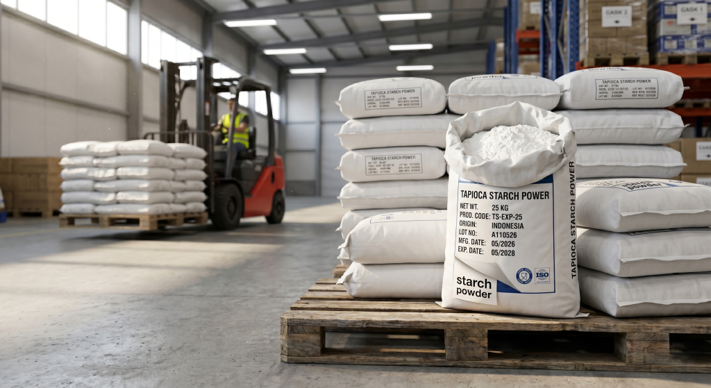 Stacked 25kg bags of bulk tapioca starch on warehouse pallet ready for B2B export from Indonesia