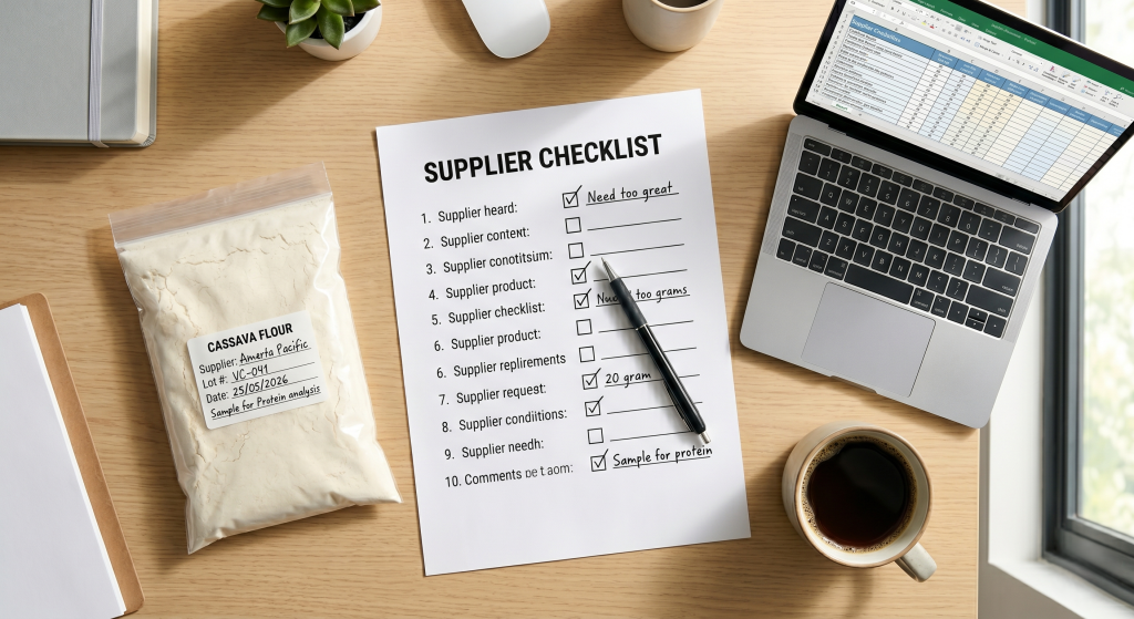 Procurement officer desk with printed cassava flour supplier checklist pen laptop and sample bag in professional office setting