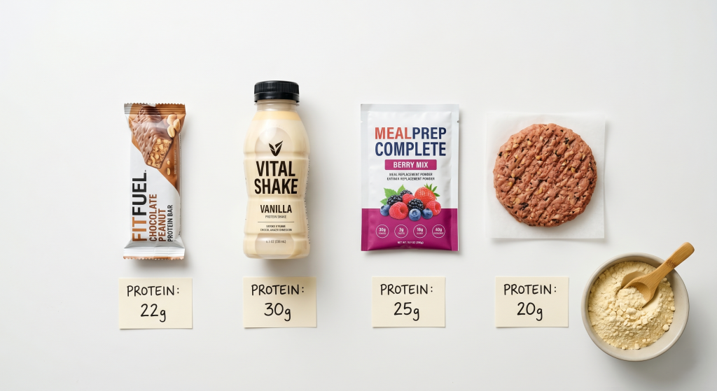 Variety of food products with pea protein isolate dosage labels including protein bar shake meal replacement and plant based burger