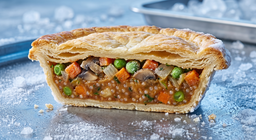 Cross-section of frozen food product showing layered texture and sauce stability achieved using tapioca starch in cold storage conditions