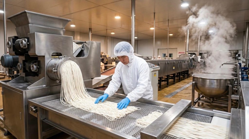 Industrial noodle production line using tapioca starch with worker in PPE inspecting fresh pasta strands in food factory