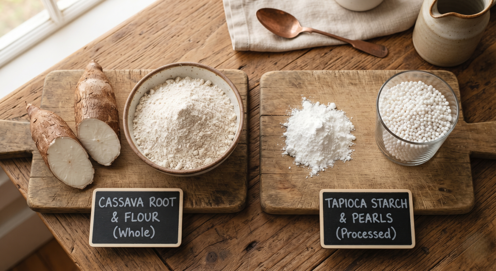 Cassava flour beside whole cassava root on left and tapioca starch powder beside tapioca pearls on right showing clear difference between the two ingredients