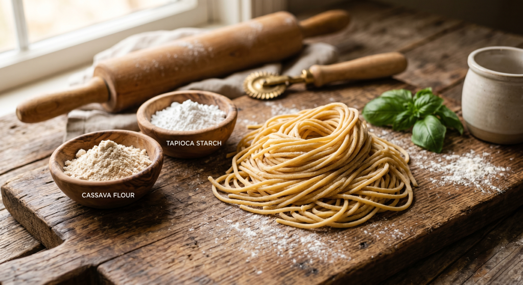 Freshly made gluten free pasta on wooden board beside bowls of cassava flour and tapioca starch with rolling pin in background