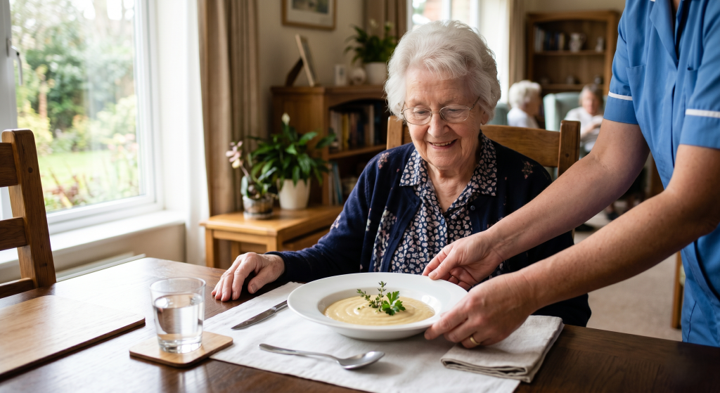 Elderly person being served soft high protein meal formulated with pea protein isolate in a warm senior care dining setting