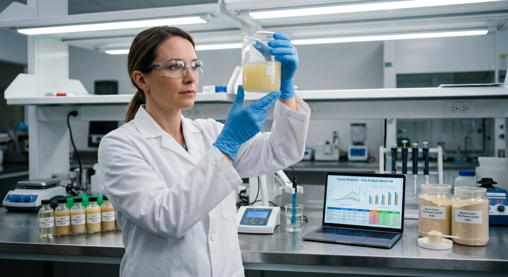 Food scientist in white lab coat examining pea protein beverage sample in R&D laboratory with flavor analysis equipment