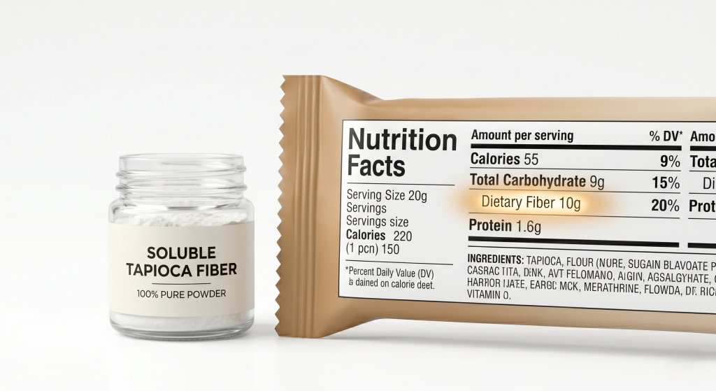 High fiber food product package with nutrition facts panel showing fiber content beside soluble tapioca fiber powder jar for label claim reference