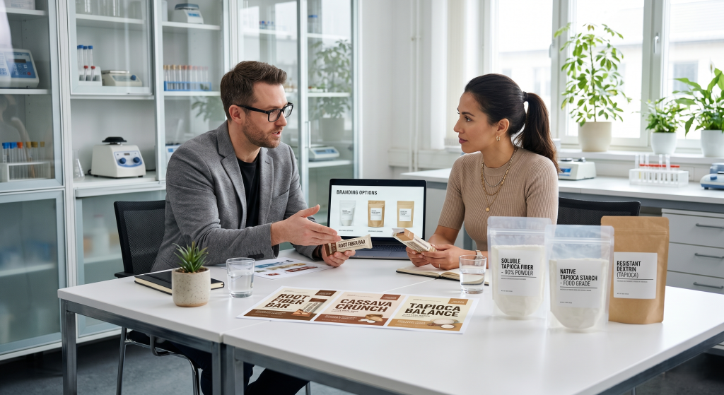 Supplier and brand manager reviewing white label packaging designs and ingredient samples in modern office meeting room