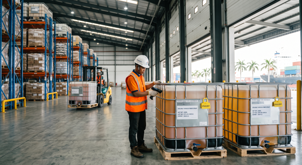 Large IBC tote containers of bulk soluble tapioca fiber syrup stacked in clean export warehouse in Indonesia with forklift and pallets ready for international shipping
