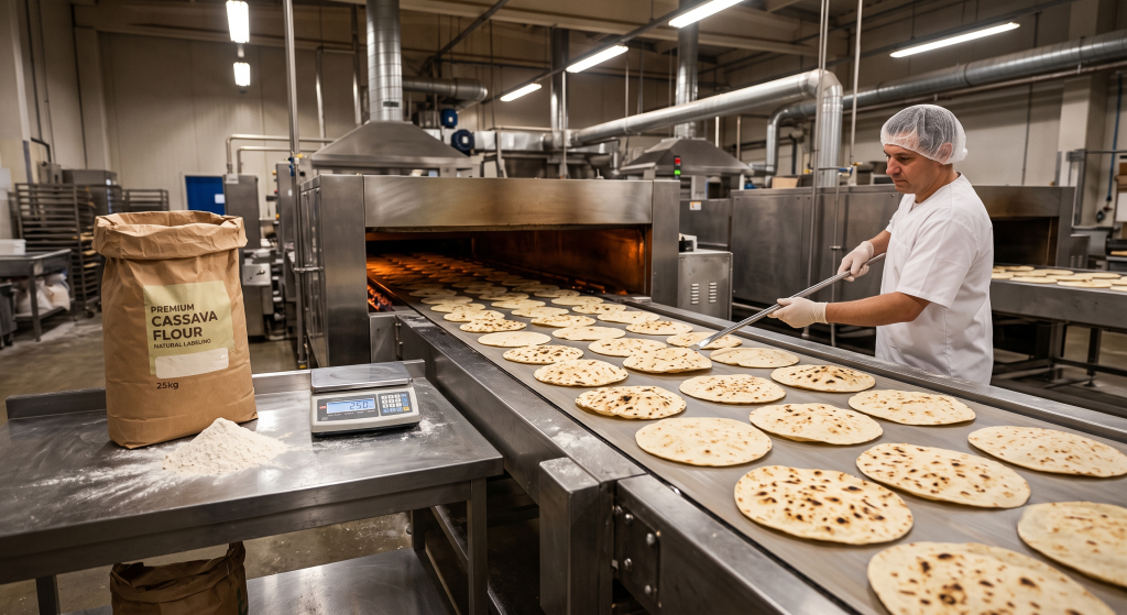 Freshly pressed gluten-free cassava flour tortillas on industrial conveyor belt in commercial bakery with production worker and bag of cassava flour visible in background