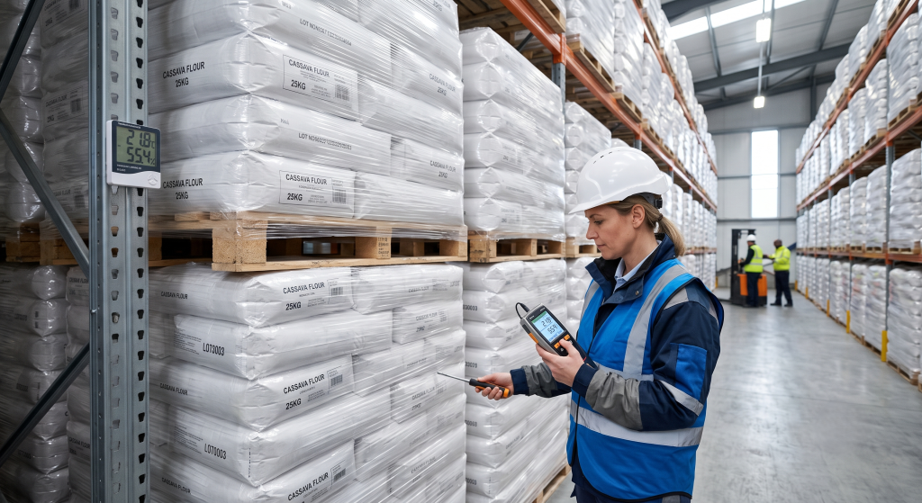 Clean food grade warehouse with stacked cassava flour bags on wooden pallets with temperature humidity monitoring equipment and inventory checklist in organized storage facility