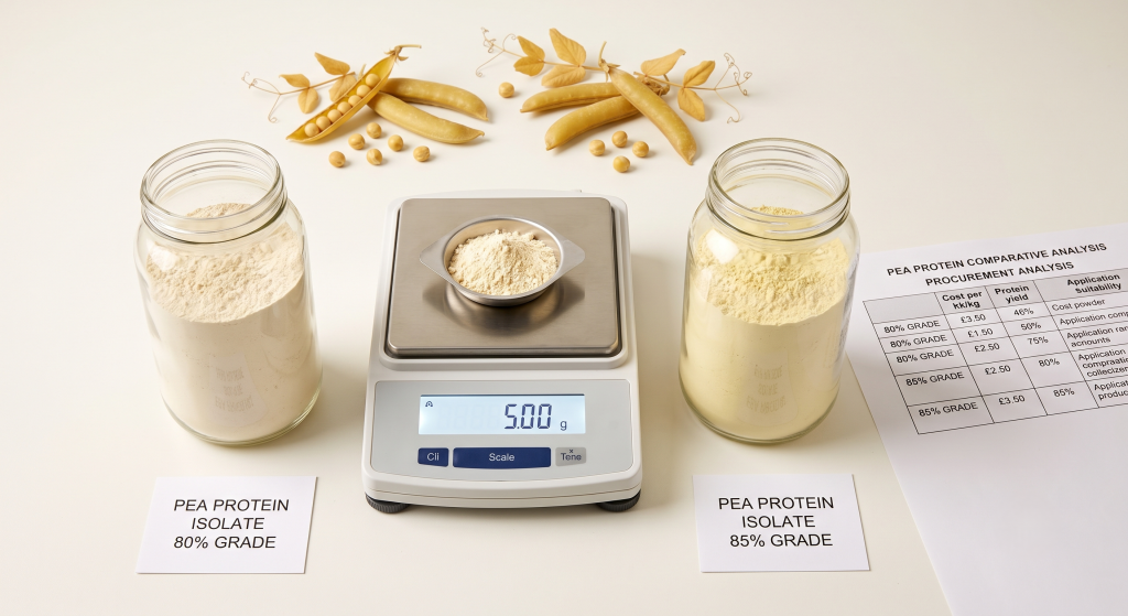 Two open containers of pea protein isolate powder in 80 percent and 85 percent purity grades side by side on white laboratory surface with procurement cost analysis document and lab scale