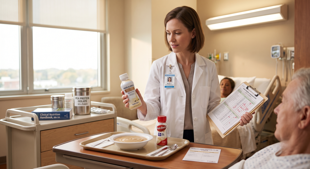 Clinical dietitian reviewing high protein medical nutrition product formulated with pea protein isolate beside patient meal tray and nutrition chart in hospital setting