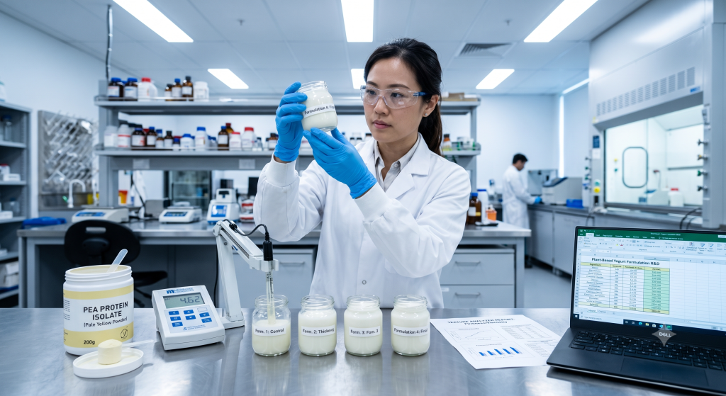 Food scientist in laboratory examining plant-based yogurt sample formulated with pea protein isolate beside testing equipment and ingredient containers on stainless steel workbench