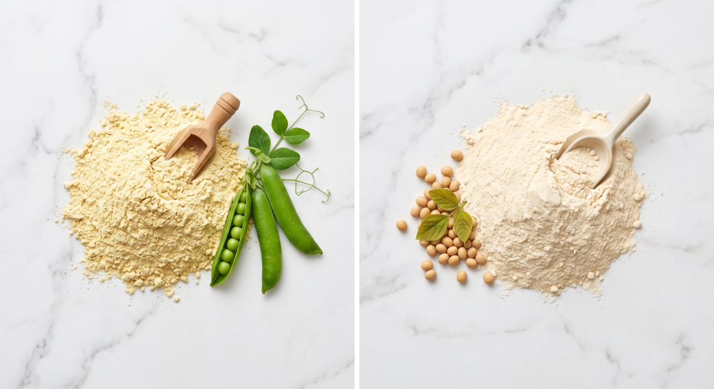 Side by side comparison of pea protein isolate with fresh peas and soy protein isolate with soybeans on white marble for B2B ingredient evaluation
