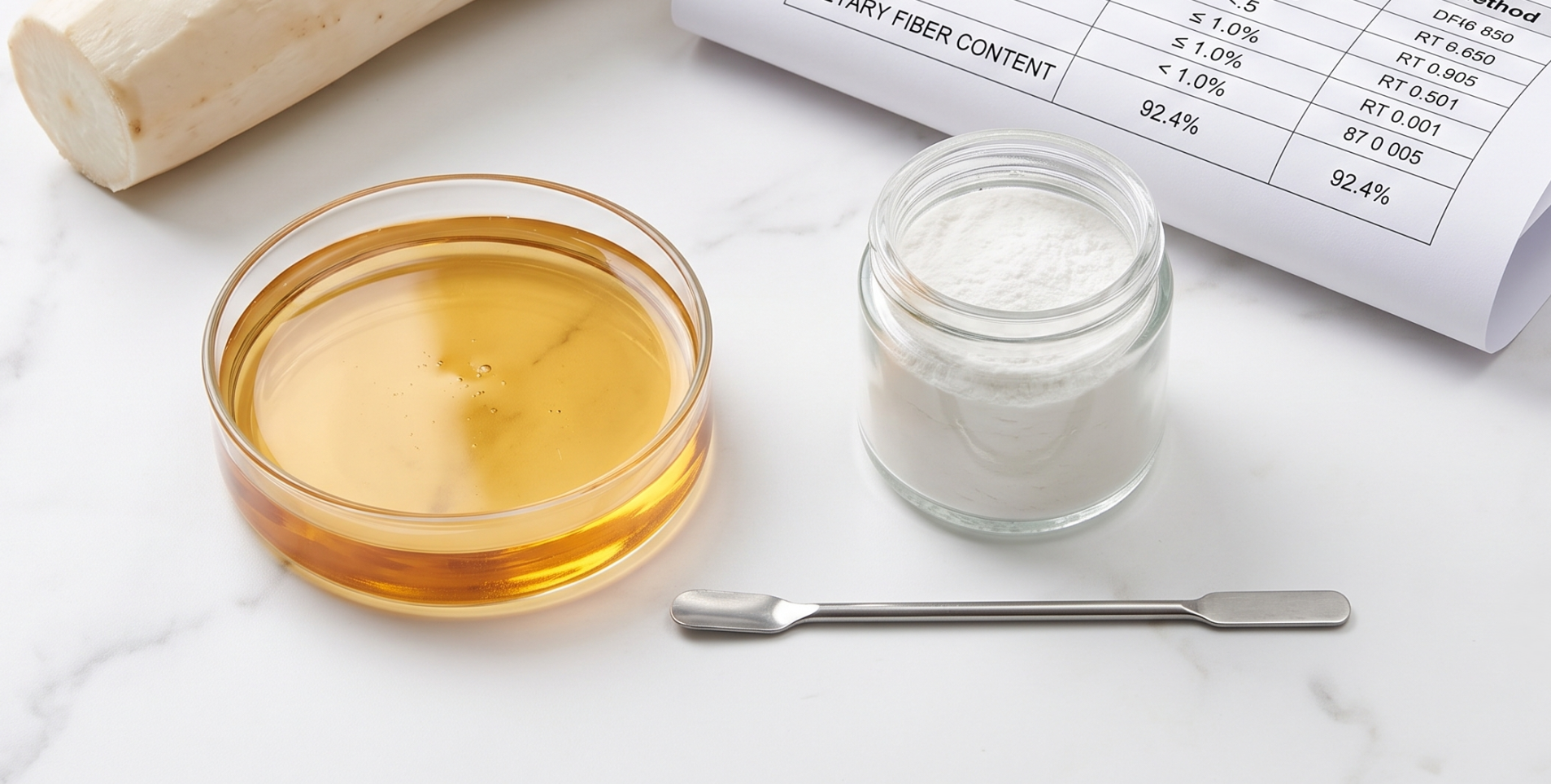 Soluble tapioca fiber in powder and syrup form beside industrial food manufacturing equipment for B2B procurement reference