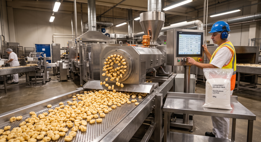 Industrial twin screw food extruder producing puffed cereal and snack pieces with soluble tapioca fiber beside operator monitoring extrusion process parameters on factory floor