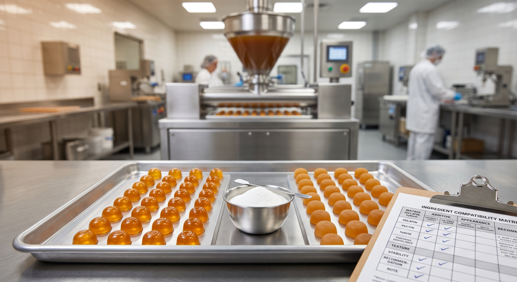 Functional gummy supplement production with gelatin and pectin matrix samples beside soluble tapioca fiber powder and depositing equipment in confectionery manufacturing facility