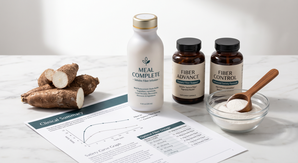 Premium weight management supplement products including meal replacement shake and fiber capsules beside soluble tapioca fiber powder on clean white surface with satiety research data visible