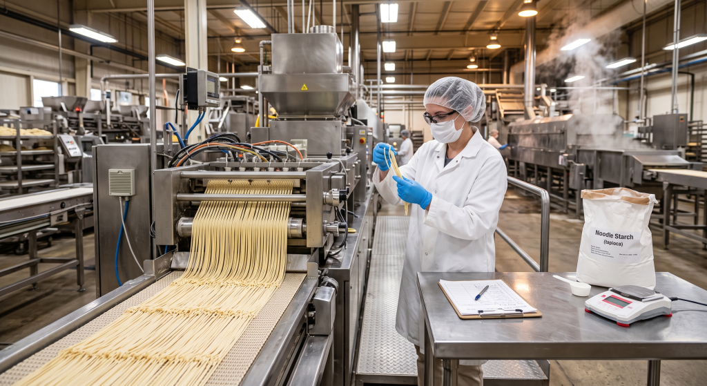 Industrial instant noodle production line with stainless steel extruder and quality control worker inspecting noodle texture using tapioca starch in modern food factory