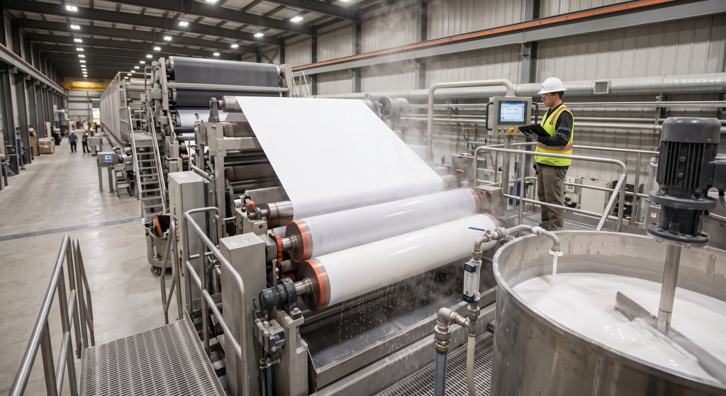 Industrial paper mill production line using tapioca starch as surface sizing agent with rolls of white paper on machinery and starch slurry tank visible in modern manufacturing facility
