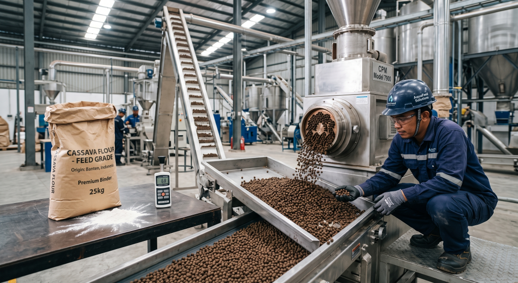 Animal feed pellet production line with cassava flour binder showing uniform pellets on conveyor belt and feed mill worker quality checking in industrial feed manufacturing facility