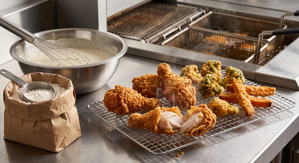 Golden crispy battered fried chicken and vegetable pieces coated with cassava flour batter shown on wire rack beside batter mixing bowl and cassava flour in commercial food production setting