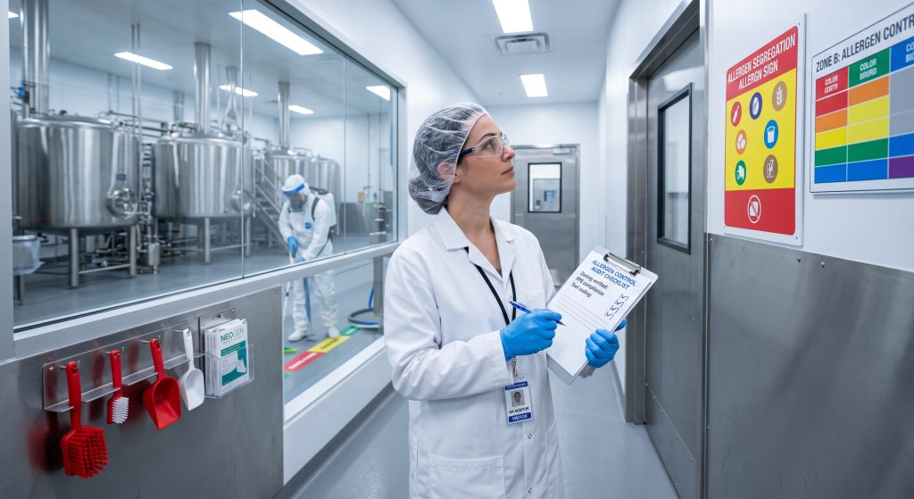Quality auditor conducting allergen control facility audit in pea protein production plant with checklist clipboard allergen segregation signage and PPE in clean food manufacturing environment