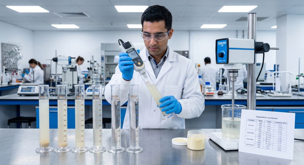 Food scientist testing pea protein isolate dispersibility in clear RTD beverage samples using turbidity meter and mixing equipment in beverage R&D laboratory with protein powder and sample bottles