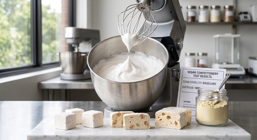 Vegan marshmallows and aerated nougat confectionery made with pea protein isolate beside stand mixer with white foam peaks and protein powder in confectionery R and D laboratory