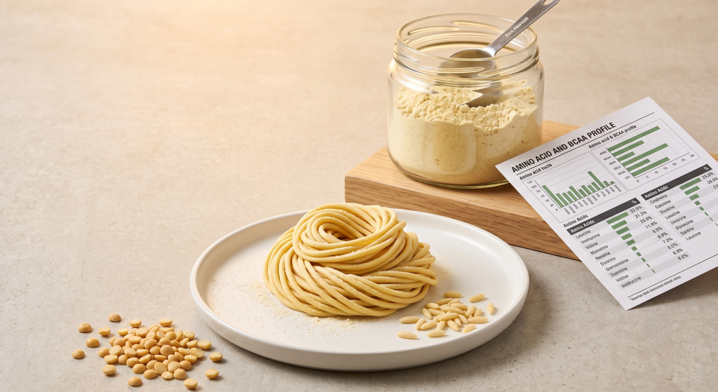 High protein pea protein pasta strands and rice alternative grains produced by food extruder beside pea protein isolate powder and amino acid profile chart in food R&D laboratory