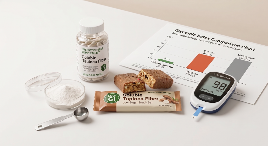 Diabetic friendly food products including low glycemic snack bar and fiber supplement beside glucometer blood glucose chart and soluble tapioca fiber powder on clean medical nutrition photography surface