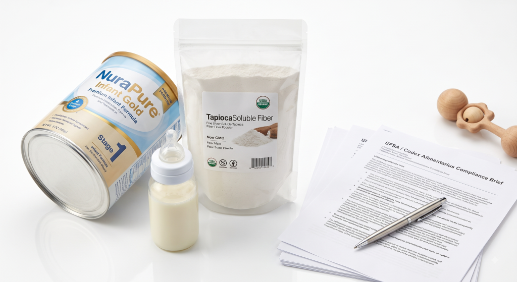 Infant formula manufacturing scene with can of follow on milk formula beside soluble tapioca fiber ingredient container regulatory compliance documents and quality control equipment in clean food production setting