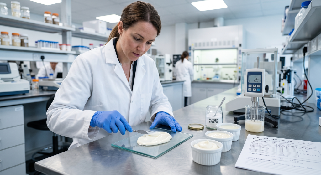 Low fat dairy spread and yogurt products formulated with tapioca starch as fat replacer beside ingredient containers and viscosity test data on food science laboratory workbench