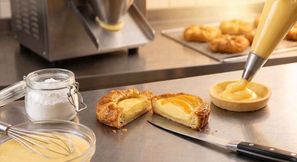 Industrial bakery pastry filled with smooth custard cream formulated with tapioca starch shown in cross section beside starch powder and depositing equipment in commercial bakery production setting