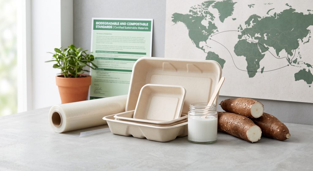Biodegradable packaging products and eco friendly adhesive materials made with tapioca starch beside cassava root and sustainability certification documents in modern green manufacturing setting