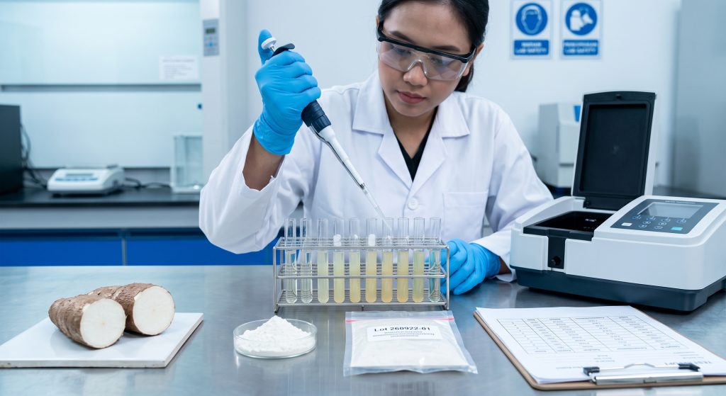 QA analyst testing cassava flour samples for cyanide content using colorimetric test tubes and spectrophotometer in food safety laboratory with raw cassava root reference Note: The Codex standard for edible cassava flour sets a total hydrocyanic acid limit, which I believe is 10 mg/kg. This needs verification against the current Codex text before Gemini writes it into the article.