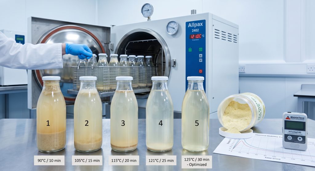 Retort and UHT processed shelf stable protein beverage samples showing stability comparison beside industrial sterilization equipment and pea protein powder in food process engineering laboratory