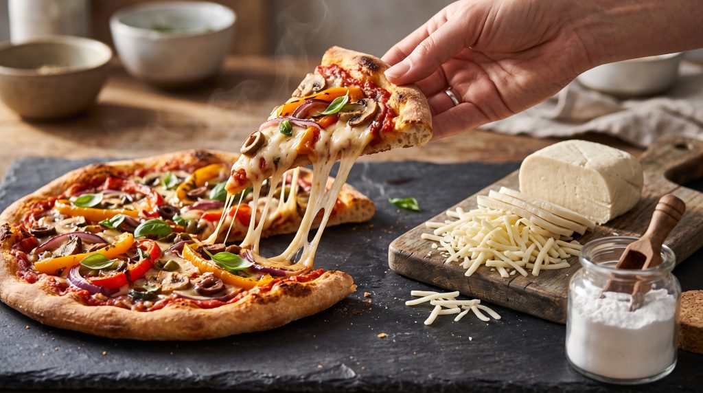 Melted plant based cheese stretching from pizza slice beside grated vegan cheese block and tapioca starch powder showing melt and shred performance