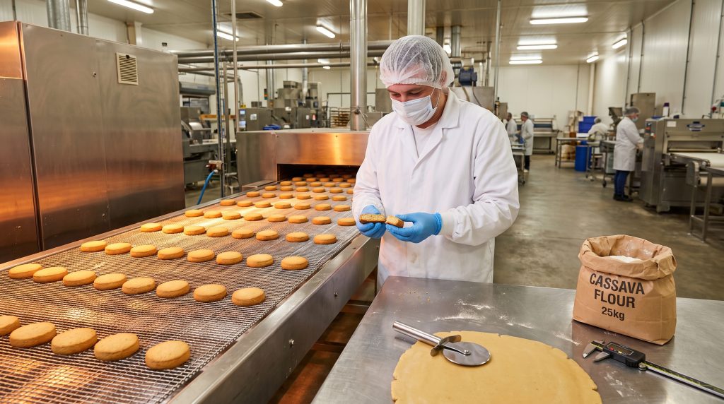 Gluten free cookies made with cassava flour on biscuit production conveyor with worker snapping cookie to test texture beside cassava flour bag and dough sheet