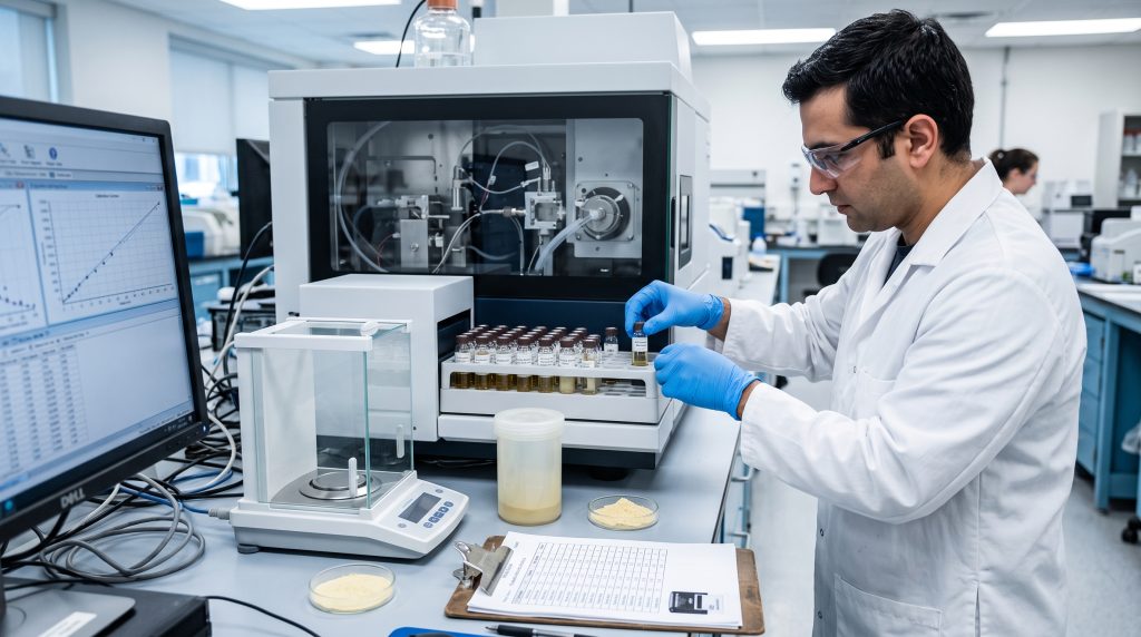 Laboratory analyst loading pea protein isolate sample into ICP-MS instrument for heavy metal testing beside protein powder and contaminant results report Note: Maximum limits for lead, cadmium, arsenic, and mercury differ by market (EU, US California Prop 65, etc.). Any specific numbers Gemini puts in the article need verification against current regulations and your own CoA data. Do not publish limits your product has not been tested against.
