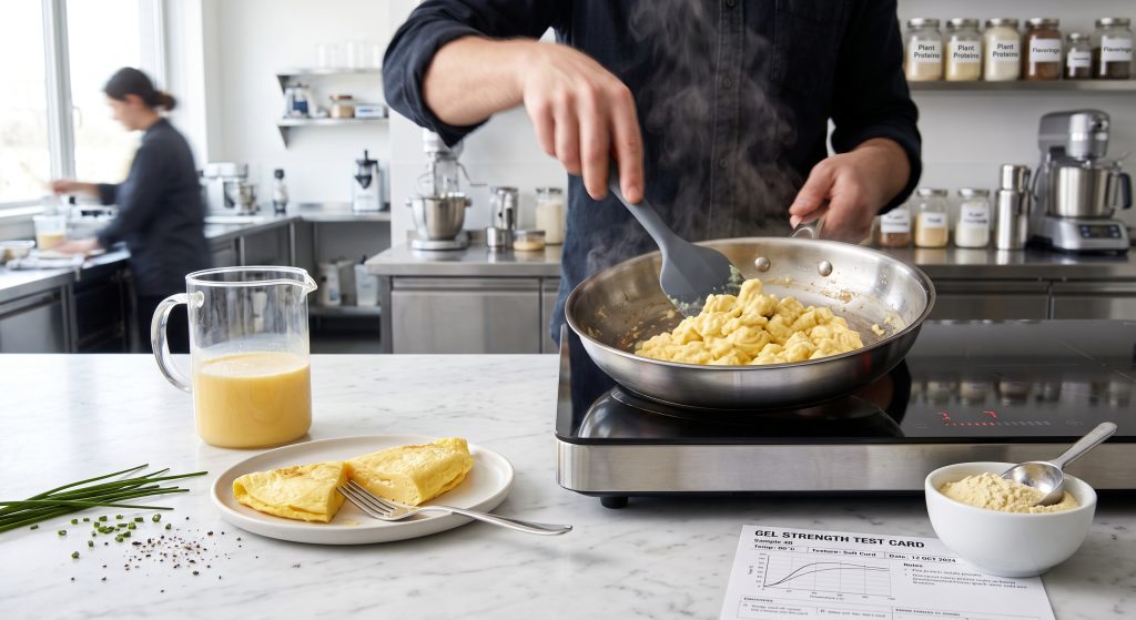 Plant based egg scramble cooking in pan beside liquid egg alternative jug folded vegan omelette and pea protein isolate powder in food R and D kitchen
