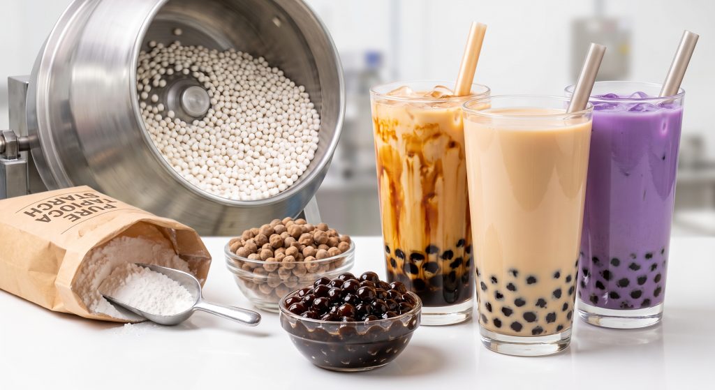 Bubble tea glasses with cooked tapioca pearls beside raw and cooked boba bowls and tapioca starch bag with pearl forming drum in background